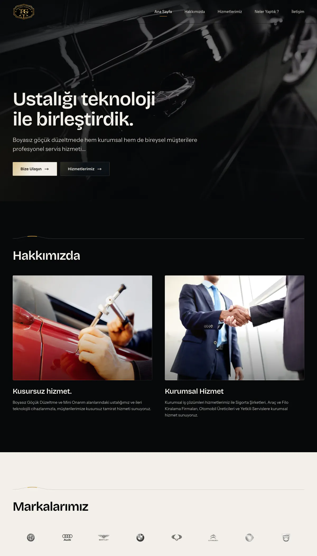 Teşvikiye Garaj website homepage, paintless dent repair workshop hero